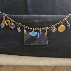 Vintage Charm bracelet, 8" with blue and gold-tone charms